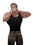  1boy armpit_hair armpits bara beard black_tank_top brown_eyes brown_hair camouflage camouflage_pants copyright copyright_request dog_tags facial_hair hands_on_own_neck highres looking_at_viewer male_focus muscular muscular_male pants parted_lips short_hair simple_background solo tank_top upper_body white_background yotti 