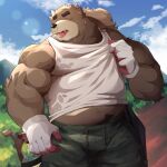  2023 anthro bear bottomwear brown_body clothing detailed_background eyes_closed facial_piercing farmer hi_res humanoid_hands kemono male mammal musclegut nose_piercing nose_ring outside pants park_kr piercing ring_piercing shirt solo topwear 