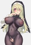  +_+ 1girl airseal black_bodysuit black_headwear blush bodysuit breasts censored covered_nipples cum cum_on_body detached_sleeves frilled_sleeves frills green_hair grey_background habit hair_between_eyes highres large_breasts long_hair looking_at_viewer nipples nun one_eye_closed original puffy_nipples red_eyes see-through simple_background solo sweat torn_clothes 