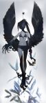  1girl absurdres bikini bikini_top_only black_hair black_rock_shooter black_rock_shooter_(character) black_shorts blue_eyes feathered_wings feathers flaming_eye harpy highres huke long_hair looking_at_viewer midriff monster_girl navel pale_skin scar short_shorts shorts simple_background solo swimsuit talons twintails uneven_twintails white_background wings 