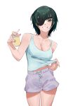  1girl absurdres blue_tank_top breasts can chainsaw_man cigarette eyepatch green_eyes green_hair highres himeno_(chainsaw_man) holding holding_can holding_cigarette looking_at_viewer purple_shorts raneblu shorts smile solo sweat tank_top 