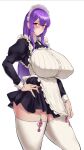  1girl absurdres apron black_dress blush breasts commentary_request covered_nipples dress frilled_apron frills garter_straps hand_on_own_hip highres huge_breasts jinmeii juliet_sleeves legs_apart long_hair long_sleeves looking_at_viewer maid maid_headdress original pink_eyes pink_ribbon puffy_sleeves purple_hair ribbon simple_background solo standing straight_hair thighhighs timestamp very_long_hair white_apron white_background white_garter_straps white_thighhighs zettai_ryouiki 
