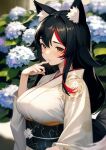  1girl animal_ear_fluff animal_ears black_hair blurry blurry_background breasts flower harada_isuka highres hololive japanese_clothes kimono large_breasts long_hair looking_at_viewer multicolored_hair obi ookami_mio orange_eyes print_kimono red_hair sash solo streaked_hair tail virtual_youtuber white_flower white_kimono wolf_ears wolf_girl wolf_tail 