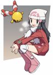  1girl :d beanie blue_eyes blue_hair boots breasts chingling dawn_(pokemon) full_body hat highres kneehighs long_hair long_sleeves looking_at_viewer own_hands_together pink_footwear poke_ball_print pokemon pokemon_(creature) pokemon_(game) pokemon_dppt pokemon_platinum poketch scarf smile socks watch white_headwear white_scarf winter_clothes wristwatch yoshi_(moco1) 
