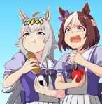  2girls :o :t ahoge animal_ears apple blue_background blue_eyes bow bowtie bread brown_hair eating food from_below fruit gradient_background grey_hair hairband highres horse_ears horse_girl horseshoe_ornament kantou_rengou long_hair multicolored_hair multiple_girls oguri_cap_(umamusume) onigiri pleated_skirt puffy_short_sleeves puffy_sleeves purple_bow purple_bowtie purple_eyes purple_serafuku purple_shirt sailor_collar sailor_shirt school_uniform serafuku shirt short_hair short_sleeves simple_background skirt special_week_(umamusume) tracen_school_uniform two-tone_hair umamusume upper_body white_hair white_skirt 