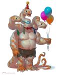  3_heads anthro balloon belt birthday_hat blue_necktie bottomwear claws clothing forked_tongue green_necktie hi_res holding_balloon hydra inflatable long_neck male multi_head muscular muscular_anthro muscular_male necktie nipples orange_spots party_horn red_necktie rope rope_belt scales sharp_claws shorts simple_background snout solo spots tail taran_fiddler tongue torn_clothing were white_background white_body white_scales 
