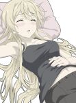  1girl armpits black_shirt blonde_hair breasts cleavage facing_viewer highres kiriyama_nao lying medium_breasts navel on_back pillow shirt sleeping solo takunomi. watanabegenn white_background 