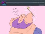  2018 4:3 5_fingers anthro ask_blog batspid2 belly big_belly big_breasts bottomwear breasts clothing crop_top dialogue digital_drawing_(artwork) digital_media_(artwork) emanata english_text exclamation eyebrows eyelashes female fingers flabby_arms flat_colors frill_(anatomy) head_crest head_frill holding_object juna_(batspid2) lizard membrane_(anatomy) membranous_frill morbidly_obese morbidly_obese_anthro morbidly_obese_female navel obese obese_anthro obese_female open_mouth overweight overweight_anthro overweight_female pink_background pink_body pink_skin purple_eyes reptile scalie shirt simple_background solo text topwear 