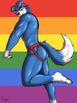  absurd_res anthro anthrofied bandai_namco bandanna blue_body blue_fur blue_skin butt canid canine canis claws clothing digimon digimon_(species) domestic_dog fur gaomon hi_res jockstrap kerchief lgbt_pride looking_at_viewer male mammal muscular muscular_anthro muscular_male pride_color_background pride_colors rufusinuzuka simple_background smile solo underwear white_body white_fur white_skin yellow_eyes 