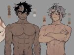  3boys abs alhaitham_(genshin_impact) alternate_body_hair alternate_skin_color arataki_itto arm_hair bara black_hair character_request check_character cropped crossed_arms dante_(rottendevilman) dark-skinned_male dark_skin genshin_impact grey_hair grey_vest hair_between_eyes hair_ears highres large_pectorals male_focus multicolored_hair multiple_boys navel navel_hair nipples pectorals sanpaku scar scar_on_neck stomach streaked_hair thick_eyebrows toned toned_male too_many_scars unfinished vest wriothesley_(genshin_impact) 