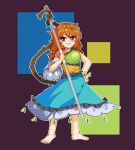  1girl :3 barefoot brown_hair circlet closed_mouth commentary dress full_body hand_on_own_hip hui_mi_(hennji_echo) looking_at_viewer low_twintails medium_hair monkey_tail multicolored_clothes multicolored_dress pixel_art red_eyes ruyi_jingu_bang single-shoulder_dress solo son_biten tail touhou twintails unfinished_dream_of_all_living_ghost 