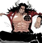  1boy abs black_hair chest_tattoo curled_horns facial_hair goatee grin guillartee highres horns kaidou_(one_piece) long_hair looking_at_viewer mature_male messy_hair muscular muscular_male nipples one_piece oni_horns open_clothes open_shirt red_shirt shirt sitting sketch smile spread_legs tattoo 