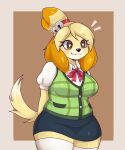  &lt;3 &lt;3_eyes 2023 animal_crossing anthro artkett1412 black_nose blonde_hair bottomwear breasts canid canine canis clothed clothing dipstick_tail domestic_dog emanata eyelashes female hair hands_behind_back hi_res isabelle_(animal_crossing) legwear mammal markings nintendo shih_tzu shirt simple_background skirt slightly_chubby slightly_chubby_anthro slightly_chubby_female smile solo tail tail_markings thick_thighs topwear toy_dog 