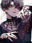  1boy absurdres black_hair black_shirt bokuhaboku bug earrings flower halloween heterochromia highres jacket jewelry long_sleeves male_focus multicolored_nails open_mouth orange_eyes orange_nails original purple_eyes purple_jacket purple_nails red_flower red_rose ring rose shirt short_hair smile solo spider spider_web_pattern 