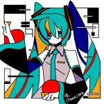  1girl abstract aqua_eyes aqua_hair aqua_necktie bare_shoulders black_sleeves collared_shirt colored_skin grey_shirt hair_between_eyes hair_ornament halftone hand_up hatsune_miku long_hair long_sleeves looking_at_viewer machigami_yoh necktie outside_border shirt signature sleeveless sleeveless_shirt solo twintails upper_body vocaloid white_background white_skin wide_sleeves 