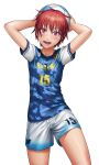  1girl :d arms_behind_back arms_up artist_name ball blue_shirt commentary_request cowboy_shot hands_up highres holding holding_ball jersey nocchi original purple_eyes red_hair shirt short_hair short_sleeves shorts simple_background smile soccer_ball solo straight_hair teeth thighs tomboy tsurime twitter_logo variant_set white_background white_shorts 
