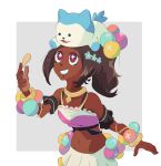  +_+ 1boy 1girl animal bare_shoulders blue_fur bracelet dark-skinned_female dark_skin fire_emblem fire_emblem_engage fish high_ponytail highres holding holding_animal holding_fish jewelry mangedugruau midriff navel open_mouth pearl_bracelet pearl_hair_ornament sommie_(fire_emblem) teeth timerra_(fire_emblem) tri_tails white_fur 