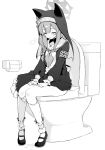  1girl animal_ears blue_archive blush braid breath closed_eyes dress flower full_body greyscale habit halo hat hat_flower highres long_hair long_sleeves mari_(blue_archive) metaring monochrome neckerchief nun panties panty_pull parted_lips sailor_collar shoes simple_background sitting socks solo sweat toilet toilet_paper toilet_use underwear 