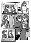  2girls ? bag belt braid coffee coffee_mug couple cup eating eyewear_on_head glass greyscale highres himeko_(honkai:_star_rail) holding_hands honkai:_star_rail honkai_(series) hug hug_from_behind indoors jewelry kafka_(honkai:_star_rail) long_hair looking_at_another medium_hair monochrome mug multicolored_hair multiple_girls open_mouth ring shirt shopping shopping_bag shuiro0z sitting smile starbucks thumbs_up trying_on_clothes yuri zzz 