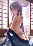  1girl absurdres ass back black_hair blue_archive blush breasts from_behind fundoshi highres indoors japanese_clothes kimono kuromiz large_breasts long_hair looking_at_viewer looking_back off_shoulder open_clothes open_kimono parted_bangs parted_lips purple_eyes purple_hair sideboob sitting sliding_doors smile solo sweat tatami thong topless underwear undressing very_long_hair wariza wide_sleeves yukari_(blue_archive) 