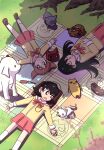  &lt;o&gt;_&lt;o&gt; 3girls absurdres azumanga_daioh black_cat black_eyes black_hair blurry blurry_foreground bright_pupils brown_cat brown_footwear brown_hair cat character_request cherry_blossoms closed_eyes closed_mouth commentary commission cowboy_shot crossover day delatoid dog dot_nose falling_petals feet_out_of_frame from_above full_body grass highres kasuga_ayumu key loafers long_hair long_sleeves lying mihama_chiyo mihama_chiyo&#039;s_father miniskirt multiple_girls nichijou on_back open_mouth outdoors parted_lips petals pink_skirt sailor_collar sakaki_(azumanga_daioh) school_uniform serafuku shade shadow shirt shoes shoes_removed short_twintails skirt sleeping smile socks split_mouth takino_tomo tokisadame_school_uniform twintails white_cat white_dog white_pupils white_sailor_collar white_socks yellow_shirt 