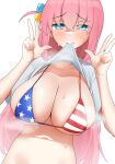 1girl absurdres american_flag_bikini arcbun bikini blue_eyes bocchi_the_rock! breasts cleavage clothes_lift collarbone cube_hair_ornament double_w flag_print gotou_hitori hair_between_eyes hair_ornament highres large_breasts lifted_by_self long_hair looking_at_viewer mouth_hold navel pink_hair shirt_lift simple_background solo steaming_body sweat swimsuit upper_body w white_background 