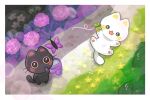  2others animal_focus aromantic_flag asexual_flag black_cat black_eyes bug butterfly cat flower leaf luluke multiple_others no_humans original pawpads purple_flower white_cat wisteria yellow_flower 