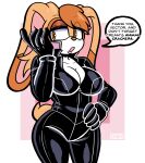  anthro big_breasts big_ears biker_girl bodysuit breasts cleavage clothed clothing curvy_figure darkwolfhybrid dialogue female gloves hand_on_hip handwear hi_res lagomorph leporid lipstick makeup mammal mature_anthro mature_female on_phone phone rabbit sega simple_background skinsuit solo sonic_the_hedgehog_(series) thick_thighs tight_clothing vanilla_the_rabbit zipper zipper_down 