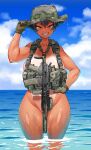  1girl absurdres assault_rifle black_hair blue_sky body_armor boonie_hat breasts brown_eyes convenient_censoring daewoo_k1 day gun highres kirochef large_breasts looking_at_viewer military nude ocean one-piece_tan original outdoors paid_reward_available parted_lips republic_of_korea_army rifle sharp_teeth shiny_skin short_hair sky smile solo standing tan tanlines teeth tomboy weapon wet 