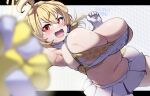  1girl ahoge blonde_hair blue_archive blurry blurry_foreground blush breasts cheerleader cleavage commentary_request dated dot_nose dutch_angle film_grain gloves hair_between_eyes halo holding holding_pom_poms kotori_(blue_archive) kotori_(cheer_squad)_(blue_archive) large_breasts looking_at_viewer mikichika millennium_cheerleader_outfit_(blue_archive) navel open_mouth outstretched_arm pleated_skirt plump pom_pom_(cheerleading) red_eyes skindentation skirt solo sweat thick_thighs thighs translation_request triangle_halo upper_body white_gloves white_skirt yellow_halo 