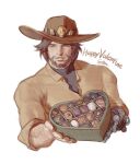  1boy box box_of_chocolates brown_hair brown_shirt cassidy_(overwatch) chocolate cowboy_hat et.m facial_hair happy_valentine hat heart-shaped_box holding holding_box male_focus mechanical_arms one_eye_closed overwatch overwatch_1 shirt short_hair simple_background single_mechanical_arm smile solo upper_body white_background 