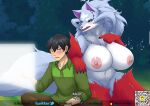  absurd_res anthro areola big_breasts blush breasts campfire_cooking_in_another_world_with_my_absurd_skill canid canine canis clothed clothing crossgender duo fel_(fenrir) female fur genitals green_eyes hair hi_res human male mammal moodang mukoda_tsuyoshi nipples nude wolf 