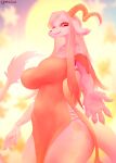  2023 anthro big_breasts biped blonde_hair bovid breasts caprine claws digital_media_(artwork) eleonore_(vader-san) female finger_claws fur goat hair hi_res horizontal_pupils horn long_hair looking_at_viewer looking_down_at_viewer low-angle_view lyahim mammal pupils smile smiling_at_viewer solo tail tail_tuft tuft white_body white_fur yellow_eyes 