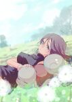  1girl black_dress brown_hair closed_mouth commentary_request dandelion day dress earrings flower from_side gloves green_(pokemon) grey_eyes jewelry long_hair lying marutoko45 on_back outdoors pokemon pokemon_(creature) pokemon_adventures short_dress squirtle 