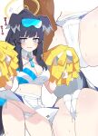  1boy 1girl animal_ears ass bare_shoulders black_hair blue_archive blue_eyes blush breasts cheerleader cowboy_shot crop_top dog_ears dog_girl dog_tail eyewear_on_head female_pubic_hair frilled_panties frills from_below goggles goggles_on_head halo hetero hibiki_(blue_archive) hibiki_(cheer_squad)_(blue_archive) highres holding holding_pom_poms k-y long_hair looking_at_viewer medium_breasts midriff millennium_cheerleader_outfit_(blue_archive) miniskirt multiple_views navel official_alternate_costume open_mouth panties pantyshot pleated_skirt pom_pom_(cheerleading) pubic_hair pubic_hair_peek simple_background skirt smelling smile solo_focus spread_legs standing star_sticker steam sticker_on_face stomach string_panties sweat tail underwear upskirt white_background white_panties white_skirt yellow_halo 