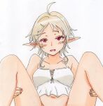  1girl ahoge blush elf highres knees_up looking_at_viewer mushoku_tensei navel open_mouth pointy_ears potekite red_eyes shirt short_hair simple_background solo spread_legs sylphiette_(mushoku_tensei) white_background white_hair white_shirt 