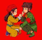  1boy 1girl belt china cigarette double_bun hair_bun highres hime_cut messy_hair mongolian_clothes nanimonothing original red_guard 