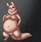  2_fingers 3_toes belly big_belly breasts fat_rolls featureless_breasts featureless_crotch feet female fingers gourmand_(rain_world) hand_on_breast hand_on_hip happy monotone_body navel nude overweight overweight_female phifo_(artist) rain_world simple_background slugcat_(rain_world) smile solo standing tan_body toes 