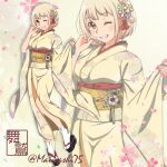  1girl alternate_costume blonde_hair blush breasts brown_eyes cherry_blossoms floral_print floral_print_kimono flower full_body furisode geta hair_flower hair_ornament hand_to_own_mouth hands_up highres japanese_clothes kimono long_sleeves looking_at_viewer lycoris_recoil maiwashi0922 medium_breasts nishikigi_chisato obi one_eye_closed petals print_kimono sash short_hair signature smile solo standing tabi twitter_username wide_sleeves 