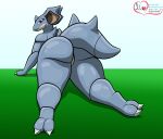  2_fingers anthro big_butt big_ears blue_body blue_skin butt claws digital_media_(artwork) feet female fingers generation_1_pokemon god-ale hi_res horn humanoid nidoqueen nintendo pokemon pokemon_(species) purple_eyes rear_view simple_background solo spikes tail thick_thighs 