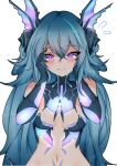  1girl absurdres adhesive_bra aqua_hair bare_shoulders black_bra blue_pupils blush bra breasts closed_mouth crossed_bangs fins hair_between_eyes hands_on_own_face head_fins highres hscnathan lamia_(punishing:_gray_raven) long_hair looking_at_viewer mechanical_arms mechanical_parts messy navel punishing:_gray_raven purple_eyes ringed_eyes shell_hair_ornament sidelocks small_breasts solo underwear very_long_hair yandere 