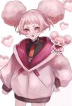  1girl 2u444 absurdres afro_puffs annoyed asticassia_school_uniform blush chuatury_panlunch clenched_hand green_jacket gundam gundam_suisei_no_majo hand_on_own_hip head_tilt heart highres hood hood_down hoodie jacket open_mouth pink_eyes pink_footwear pink_hoodie school_uniform shoes sneakers solo_focus v-shaped_eyebrows white_background 