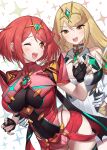  2girls absurdres armor bare_shoulders black_gloves blonde_hair blush breasts chest_jewel cleavage cleavage_cutout clothing_cutout dress earrings elbow_gloves faulds fingerless_gloves gem gloves green322 grey_background hands_on_own_chest headpiece highres jewelry large_breasts long_hair multiple_girls mythra_(xenoblade) one_eye_closed open_mouth pyra_(xenoblade) red_eyes red_hair red_shorts short_dress short_hair shorts shoulder_armor smile swept_bangs thigh_strap thighs tiara white_dress white_gloves wind wind_lift xenoblade_chronicles_(series) xenoblade_chronicles_2 yellow_eyes 