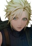  1boy 9ibem bishounen blonde_hair blue_eyes cloud_strife expressionless final_fantasy final_fantasy_vii looking_to_the_side male_focus short_hair simple_background sleeveless sleeveless_turtleneck solo spiked_hair suspenders sword sword_on_back turtleneck upper_body weapon weapon_on_back white_background 