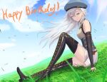  1girl absurdres beret black_footwear blue_sky boots breasts cloud eiyuu_densetsu elbow_gloves english_text fie_claussell floating_hair full_body gloves grass green_eyes hair_between_eyes happy_birthday hat highres kuro_no_kiseki long_hair on_grass sky small_breasts smile solo white_hair wind witch_f 