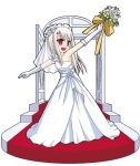  1girl blush bouquet bridal_veil bride door dress elbow_gloves fate/stay_night fate_(series) flower full_body gloves hair_flower hair_ornament holding holding_bouquet illyasviel_von_einzbern kaze_shibuki long_hair open_mouth red_eyes rose single_bare_shoulder smile solo veil wedding_dress white_dress white_flower white_gloves white_hair white_rose 