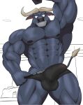  abs anatake anthro biceps blue_body bovid bovine bulge chief_bogo clothed clothing disney flexing genital_outline hi_res horn looking_down male mammal muscular muscular_anthro muscular_male nipples partially_clothed pecs penis_outline solo true_buffalo underwear underwear_down vein veiny_muscles water_buffalo zootopia 