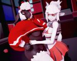  3d_(artwork) anthro bell big_breasts bovid breast_size_difference breasts butt caprine cheerleader_outfit clothed clothing cult_of_the_lamb digital_media_(artwork) duo eye_contact female female/female fur goat goat_lucifer_(helltaker) hair helltaker hi_res horn lamb_(cult_of_the_lamb) looking_at_another malicekira mammal mostly_nude red_crown_(cult_of_the_lamb) red_eyes sheep white_body white_fur white_hair wool_(fur) 