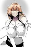  1girl arm_under_breasts arrancar bleach blonde_hair breasts commentary_request dark-skinned_female dark_skin gloves hair_between_eyes high_collar hip_vent koda1ra large_breasts long_bangs long_hair looking_at_viewer mask mouth_mask navel partially_colored sheath shrug_(clothing) solo tier_harribel twitter_username underboob weapon weapon_on_back 