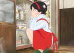  1girl apron black_hair cupboard hand_on_own_face indoors maiko-san_chi_no_makanai-san non-web_source nozuki_kiyo plate red_apron refrigerator slippers solo squatting stitched sweater turtleneck turtleneck_sweater 